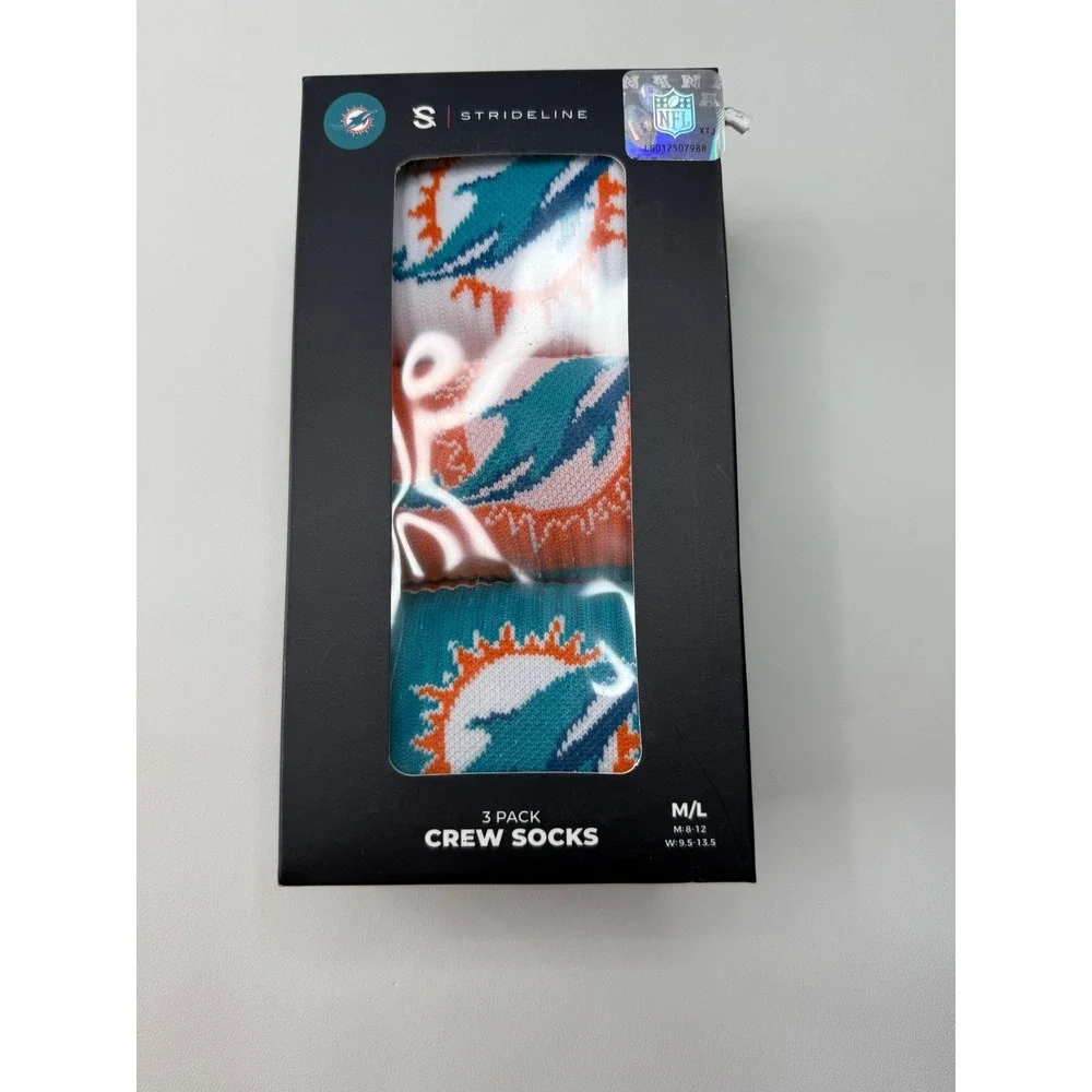Strideline Miami Dolphins NFL Premium Cushion Crew Socks 3 Pack M/L NEW